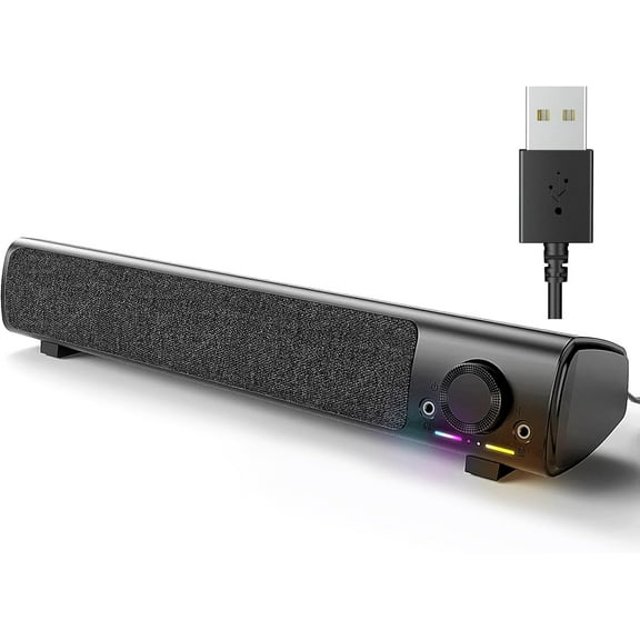 USB Powered 3.5mm AUX PC Sound Bar for Desktop Monitor, Gaming Speakers with Headphones & Microphone Link, Superb Stereo Sound, Plug-n-Play (Black)
