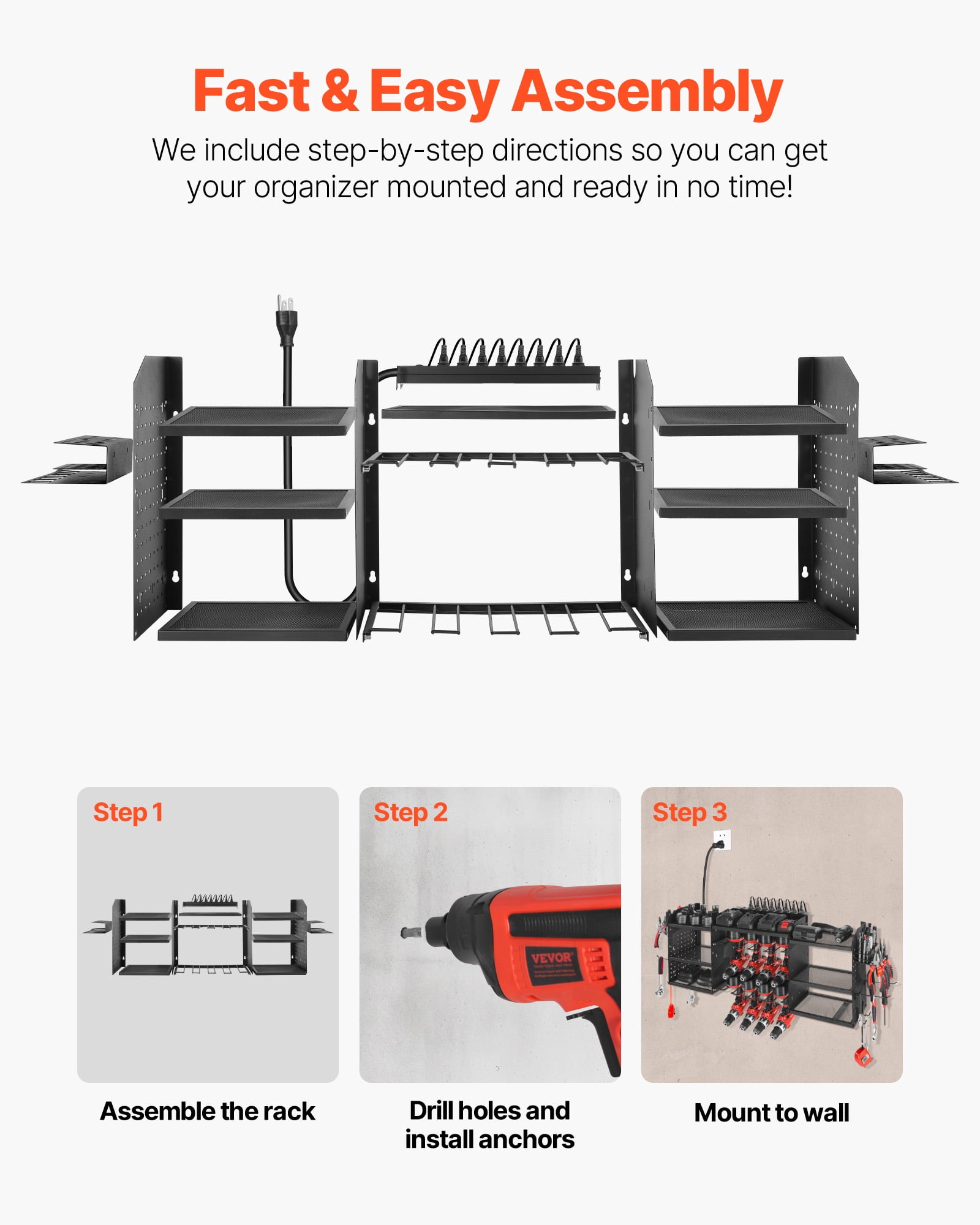 VEVOR Power Tool Organizer with Charging Station, 3-Layer Power Tool Battery Storage Rack with 5.58 ft Power Strip, 8 Drill Holders & 8 Outlets, Garage Tool Organizer for Garage, Workbench, Workshop