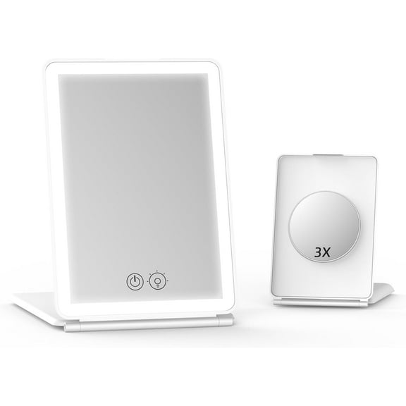 Makeup Mirror,1X&3X Magnifying Lighted Vanity Mirror with 3 Color Setting Modes&Dimmable Touch Screen,Portable,Foldable for Women (White)