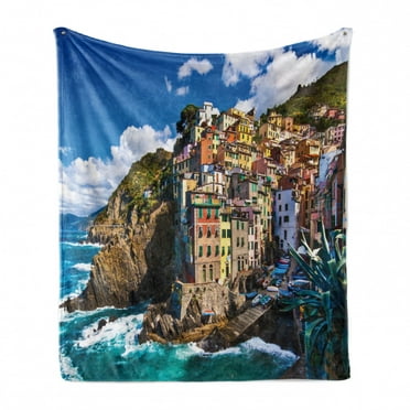 European Soft Flannel Fleece Throw Blanket, Italian Mediterranean House by Cliffs Dramatic Weather Sea Cinque Terre Print, Cozy Plush for Indoor and Outdoor Use, 60" x 80", Multicolor, by Ambesonne