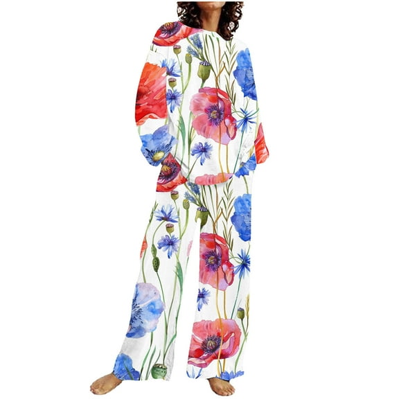 SnZhen Two Piece Sets for Women Women's Casual Printed Long Sleeved Round Neck Top With Pants Set