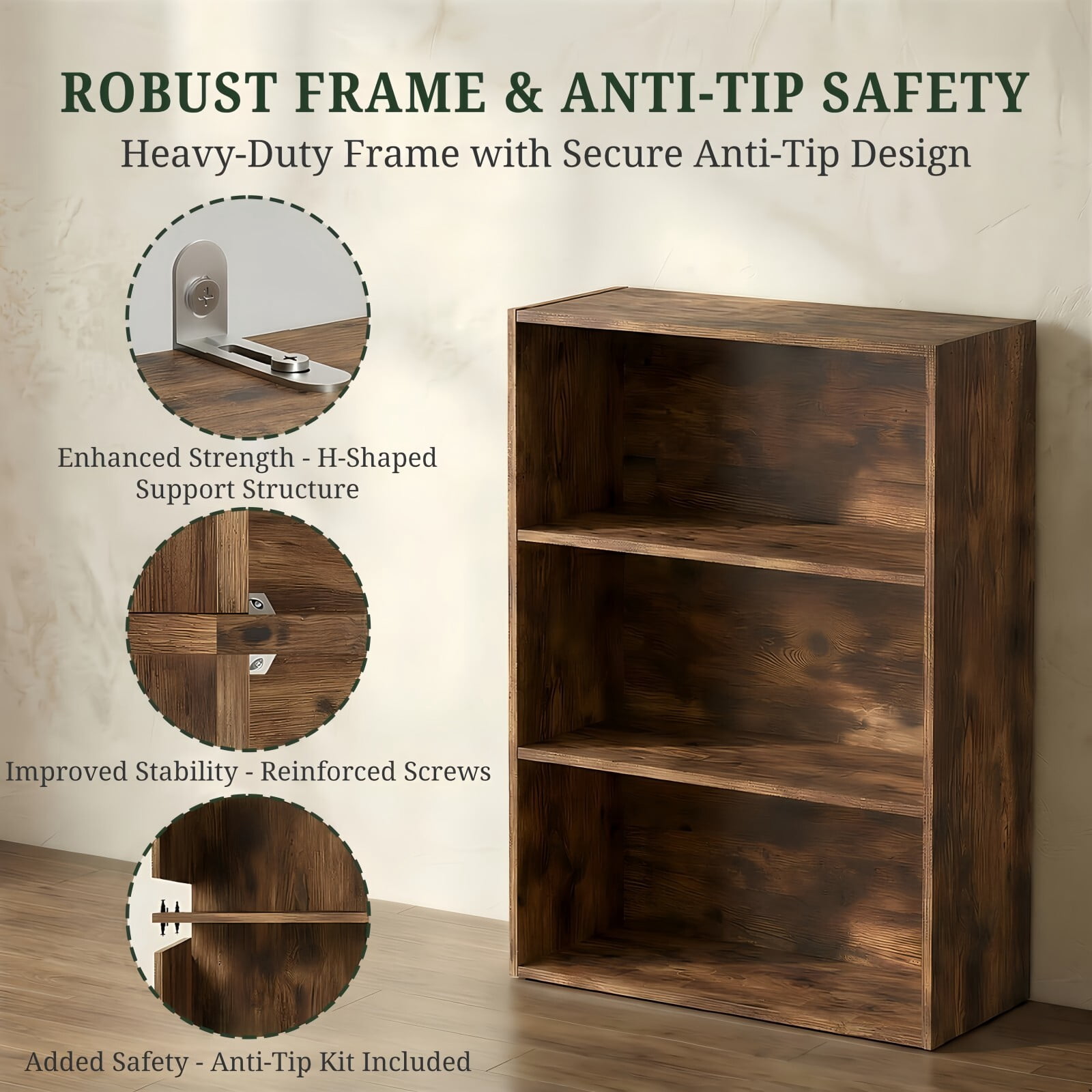 Kelno 3 Tier Vintage Bookshelf 31.5" Freestanding Wood Bookcase with Adjustable Shelf Anti-Tip Kit, Rust