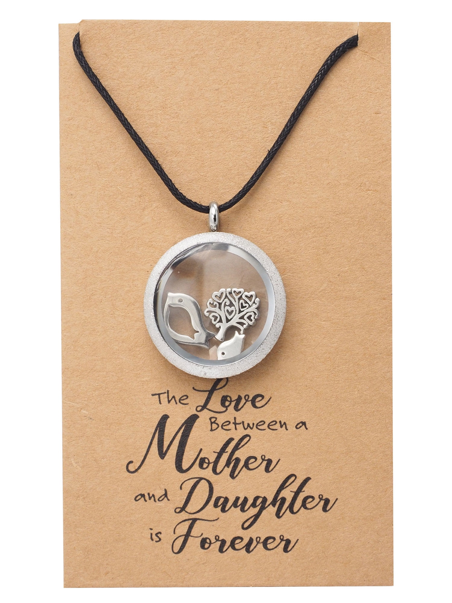 Locket Necklace with Mother Daughter Birds and Tree Charms and Greeting Card