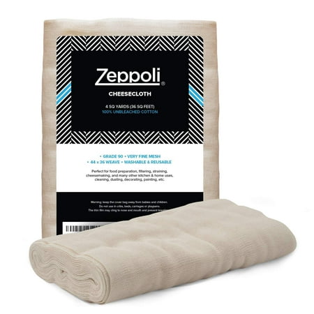 Zeppoli Unbleached Grade 90 Cheesecloth - 100% Fine Cotton Reusable Fabric | Use as Nut Milk Bag, Strainer & Filter For Cooking 44” × 36” (4