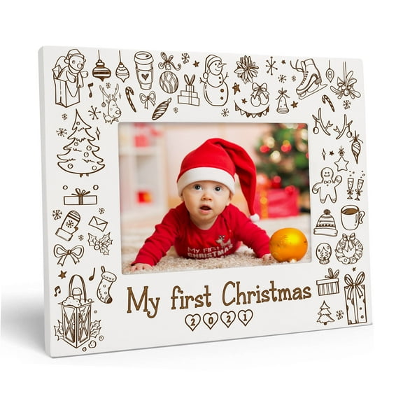 Darling Souvenir MADE WITH LOVEPersonalized WoodEngraved Christmas Picture Frame, Table Top WhitePhotoFrame (My First Christmas) Customizable Quote - 4x6 Inches Horizontal