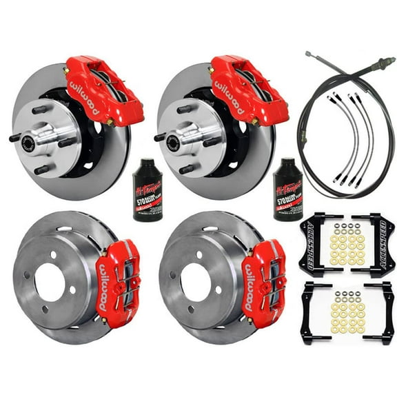 WILWOOD 11 FRONT & REAR BIG BRAKE KIT W/FREE BRAKE LINES, PARKING BRAKE CABLE & BRAKE FLUID, FRONT DYNALITE, REAR DYNAPRO, RED CALIPERS, For 1964 1965 MUSTANG 4-LUG WITH 6-CYLINDER