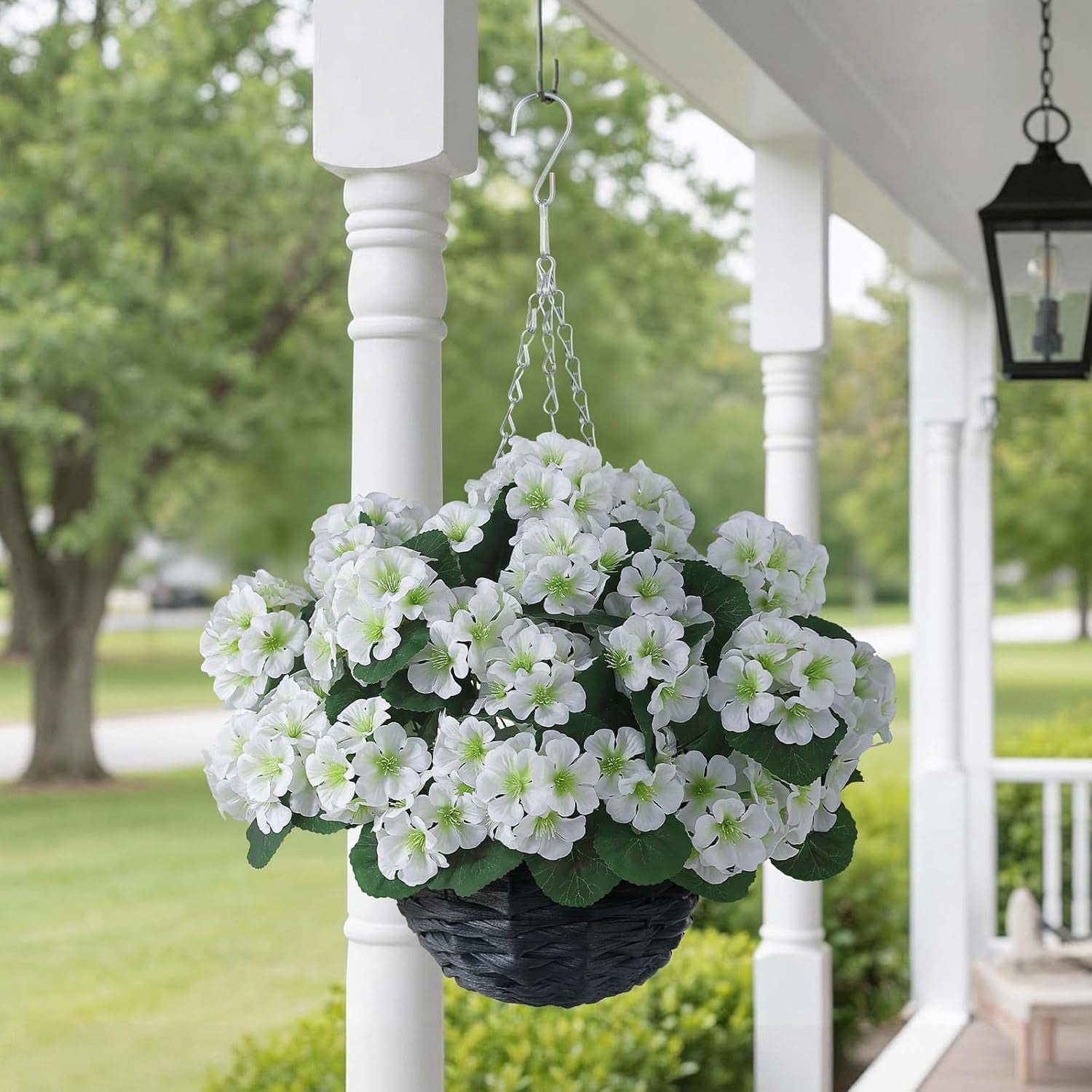 2 Set Artificial Geraniums Flowers with Hanging Baskets for Outdoors - Sun Resistant Silk with Geranium Flowers, Fake Hanging Planters for Front Porch Garden Patio Home Decor (White)