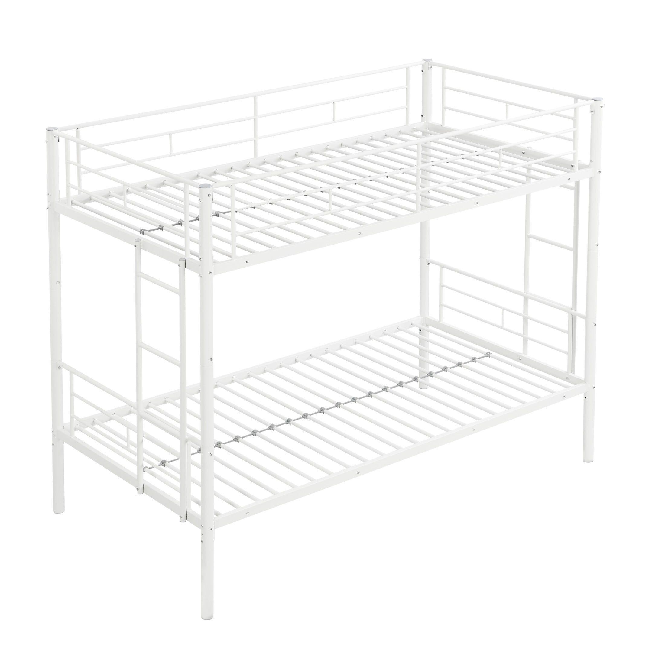 DEALTOPS Metal Bunk Bed Twin Over Twin, Durable Bunk Bed with Ladder and Full-Length Guardrail, White