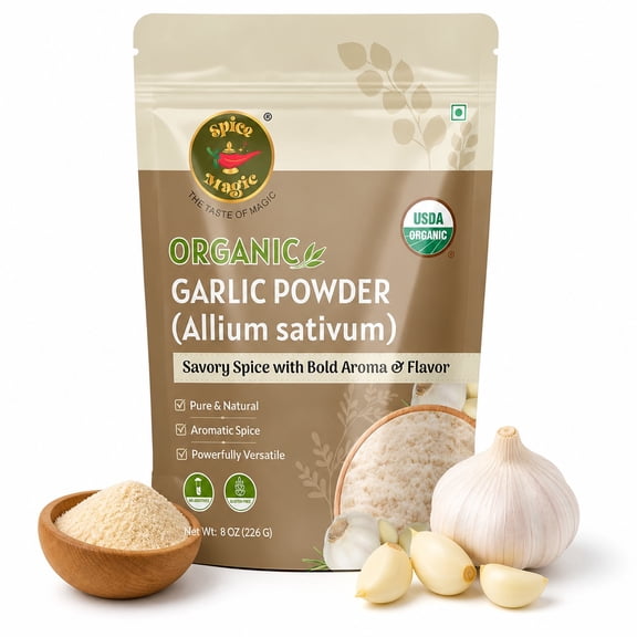 Spice Magic Organic Garlic Powder (Allium sativum), 8 oz (226 g) – Finely Ground Aromatic Garlic Seasoning for Cooking