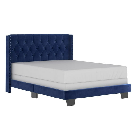 Grand lit moderne de 60 po revêtu de velours, bleu
