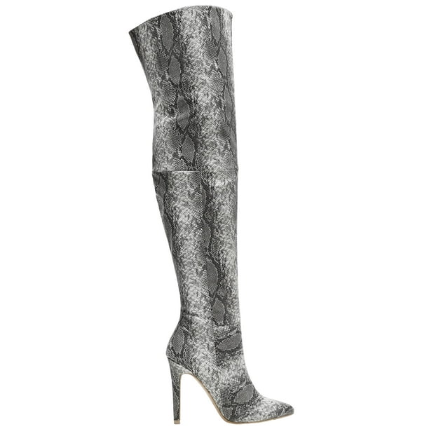 Mackin J - 141D-18 Over Knee Thigh High Snake Skin Python Pointed Toe Stiletto Heel Boots Gray