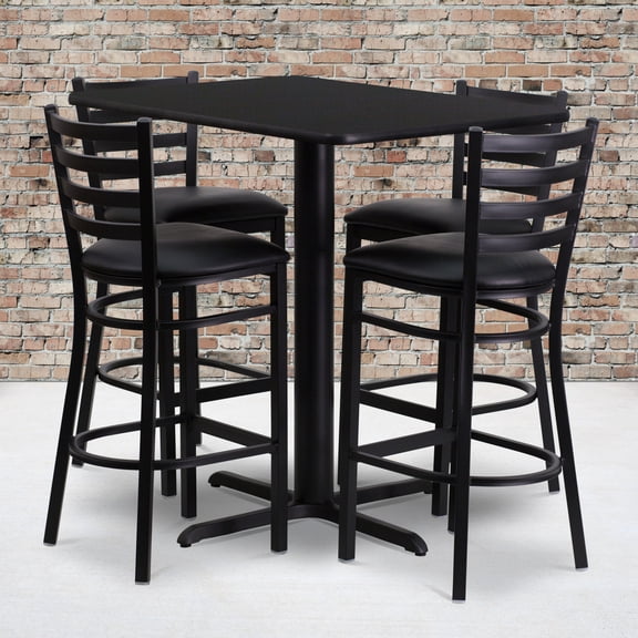 Flash Furniture 24''W x 42''L Rectangular Black Laminate Table Set with 4 Ladder Back Metal Barstools - Black Vinyl Seat