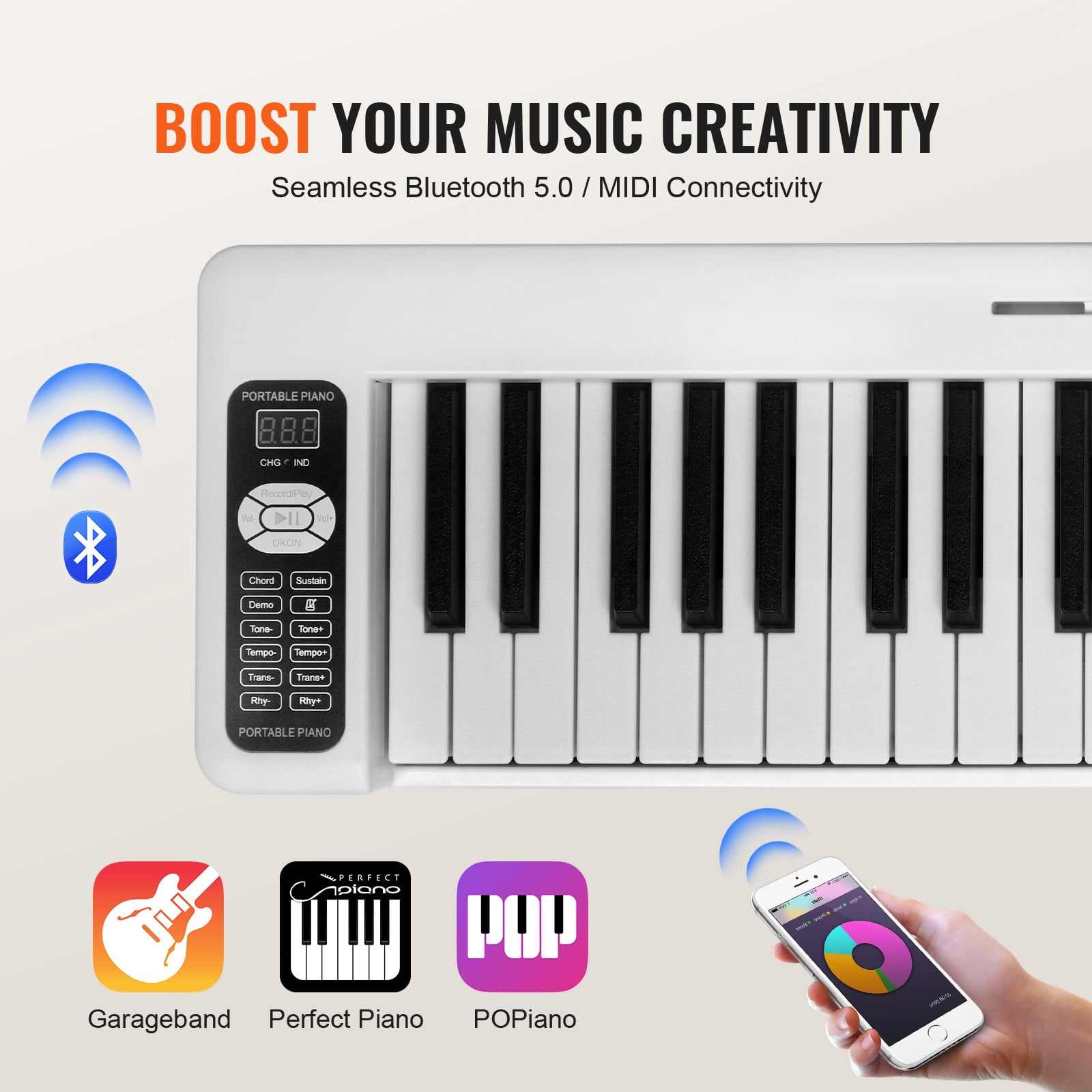 KFFKFF 61 Key Folding Piano Keyboard, Bluetooth & MIDI, Compact Electronic Digital Foldable Piano with Sustain Pedal, Touch Responsive Illuminated Keys Bag