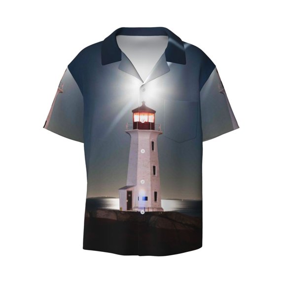 Naloa Peggy's Cove Lighthouse Men's Loose Fit Cuban Collar Short-Sleeve Shirt with Button-down and Chest Pocket for Everyday Wear Outings - Small