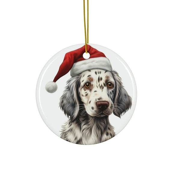 DistinctInk Hanging Ceramic Christmas Tree Ornament with Gold String - Great Gift/Present - 2 3/4 inch Diameter - English Setter Puppy Drawing Design