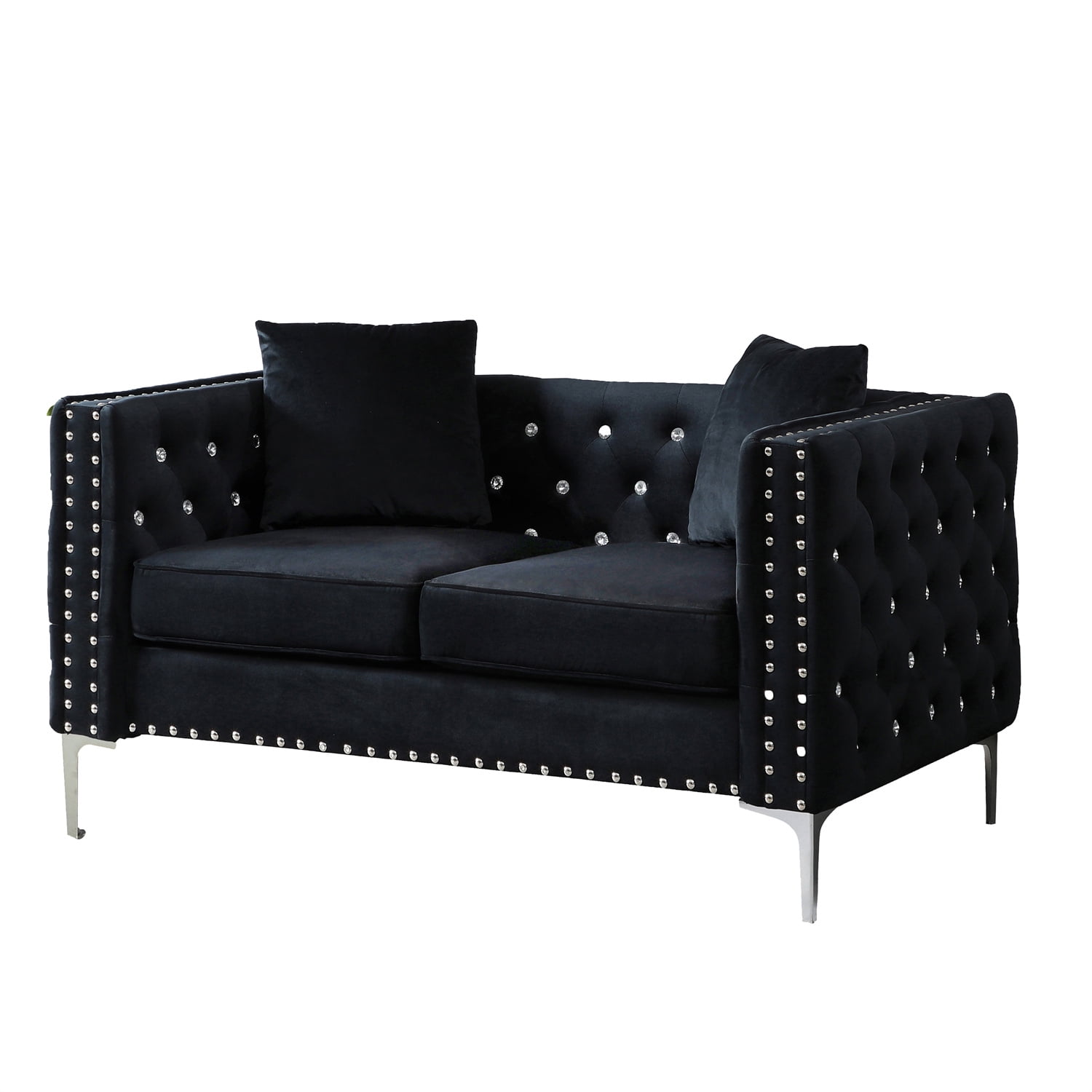2-Piece Black Velvet Sectional Sofa Set with Loveseat, Metal