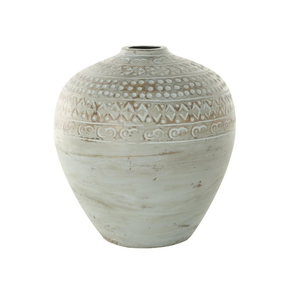 DecMode 12" Handmade Antique Style Wide Rounded Green Ceramic Vase with Geometric Tribal Carvings