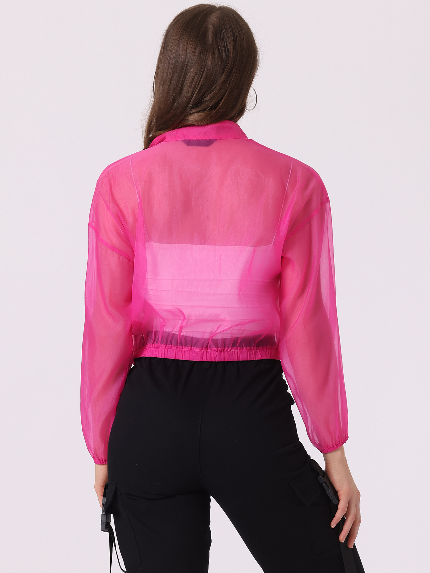 DARING DIVA Women's Sheer Bomber Jacket Zip Up Long Sleeve See Through Jackets XS Hot Pink