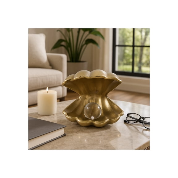 Elegant Clam with Acrylic Pearl Sculpture for Home Decor - Statue Figurine for Bathroom, Office, and Coffee Table - Perfect Shelf Ornament Accent and Living Room Decor - 5", Gold & Clear