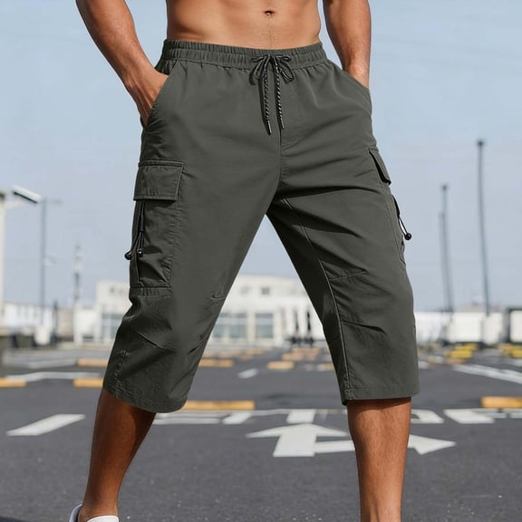 Mifsaly Capri Cargo Pants for Men with 4 Pockets Drawstring Elastic Waist Baggy Cropped Hiking Pant Summer Outdoor Workout Clothes XXXL