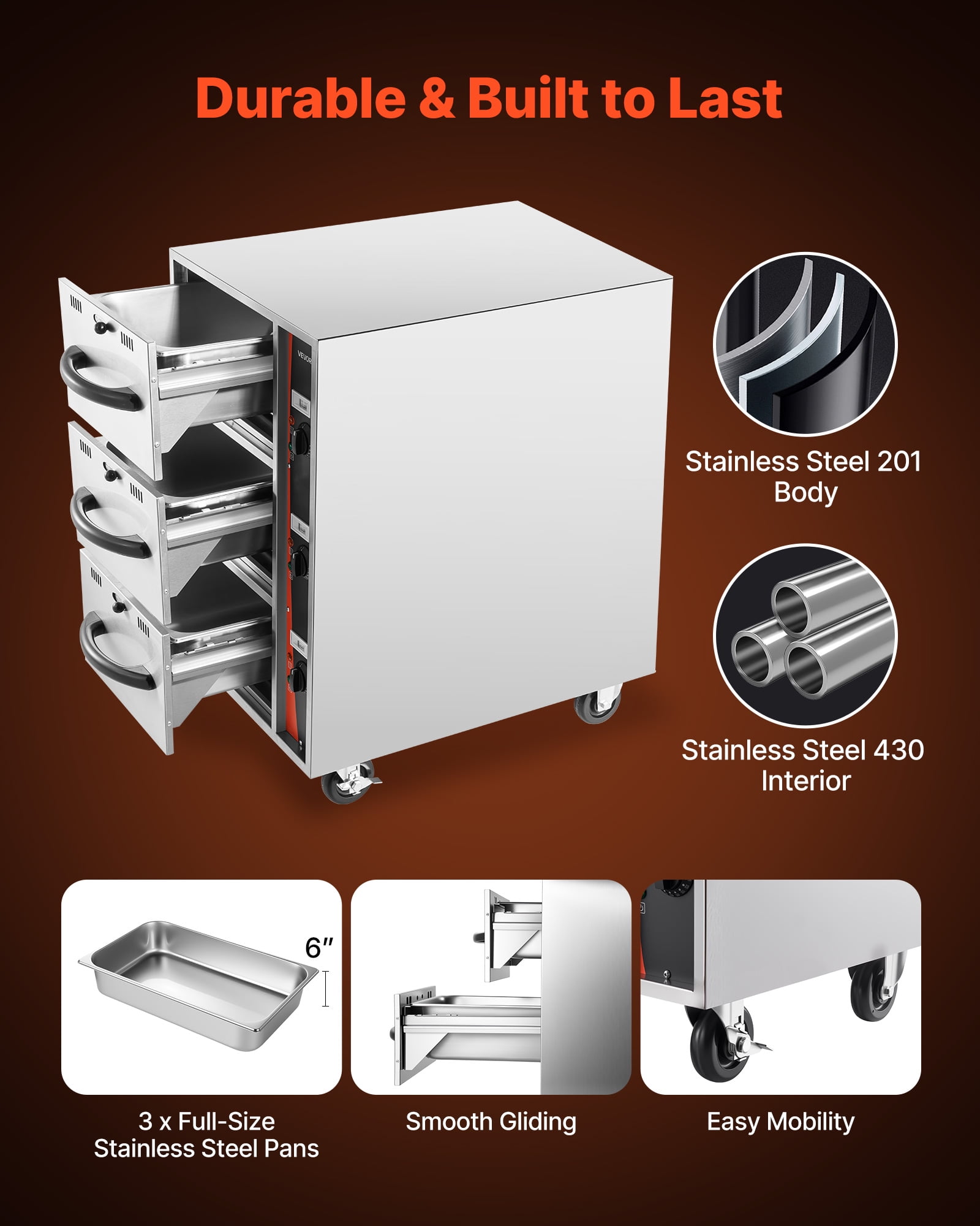 VEVOR Commercial Electric Drawer Warmer, Three-Drawer Stainless Steel Food Warmer, Freestanding Compact Warming Drawer Cabinet, 85°F–185°F Wide Temperature Range, for Restaurant,Hotel Buffet & Bakery