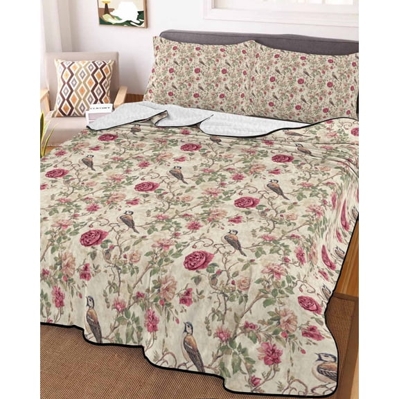 Vintage Pink Botanical Full Size Down Alternative Comforter, Lightweight Comforter Quilt Bedding Set with Pillow Shams Spring Floral Summer Birds All Seasons Bed Comforter Duvet Insert 78"x90"