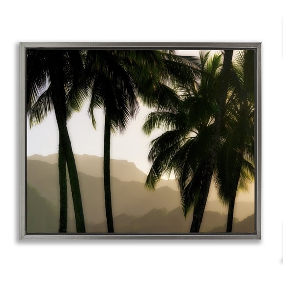 Stupell Industries Coastal Sunlit Palm Trees Mountain Peaks Gray Floating Frame Canvas Art, 21 x 17, by Dennis Frates