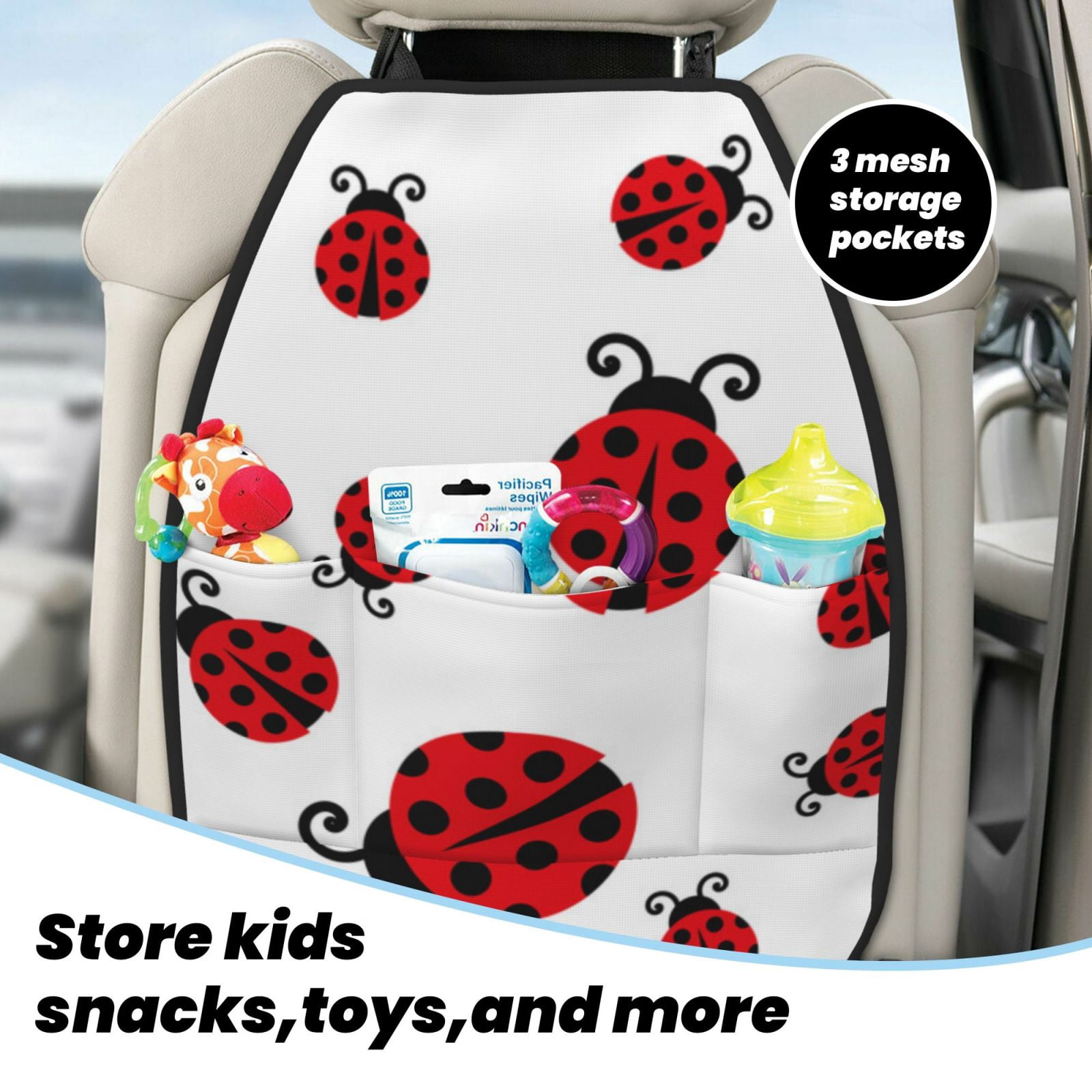 Xecao Fly Flying Ladybug Pattern Car Seat Back Protector 2 Pack Large Capacity Pocket, Kick Mats Back Seat Protector