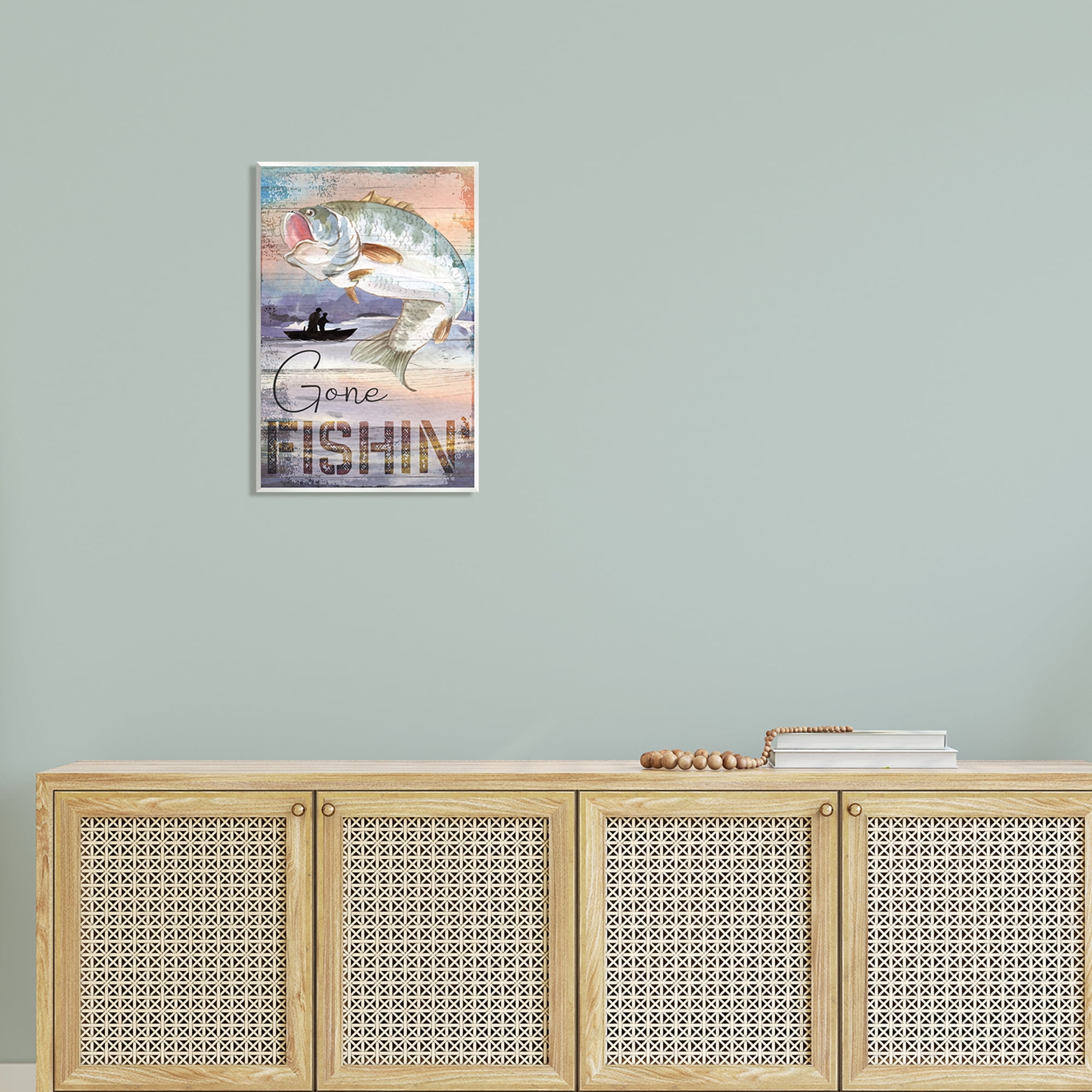 Stupell Gone Fishin' Bass Angler Marine Life Landscape Painting Wall Plaque Unframed Art Print Wall Art