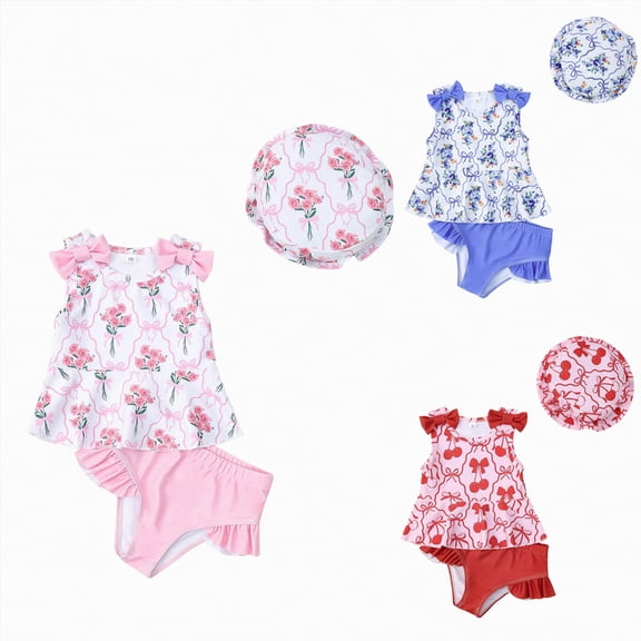 vigerkar Baby Infant Swimsuit Sleeveless Floral Print Bikini Top Shorts Sets Summer Beach Swimwear Bathing Suit with Sun Hat (Blue, 18-24 Months)