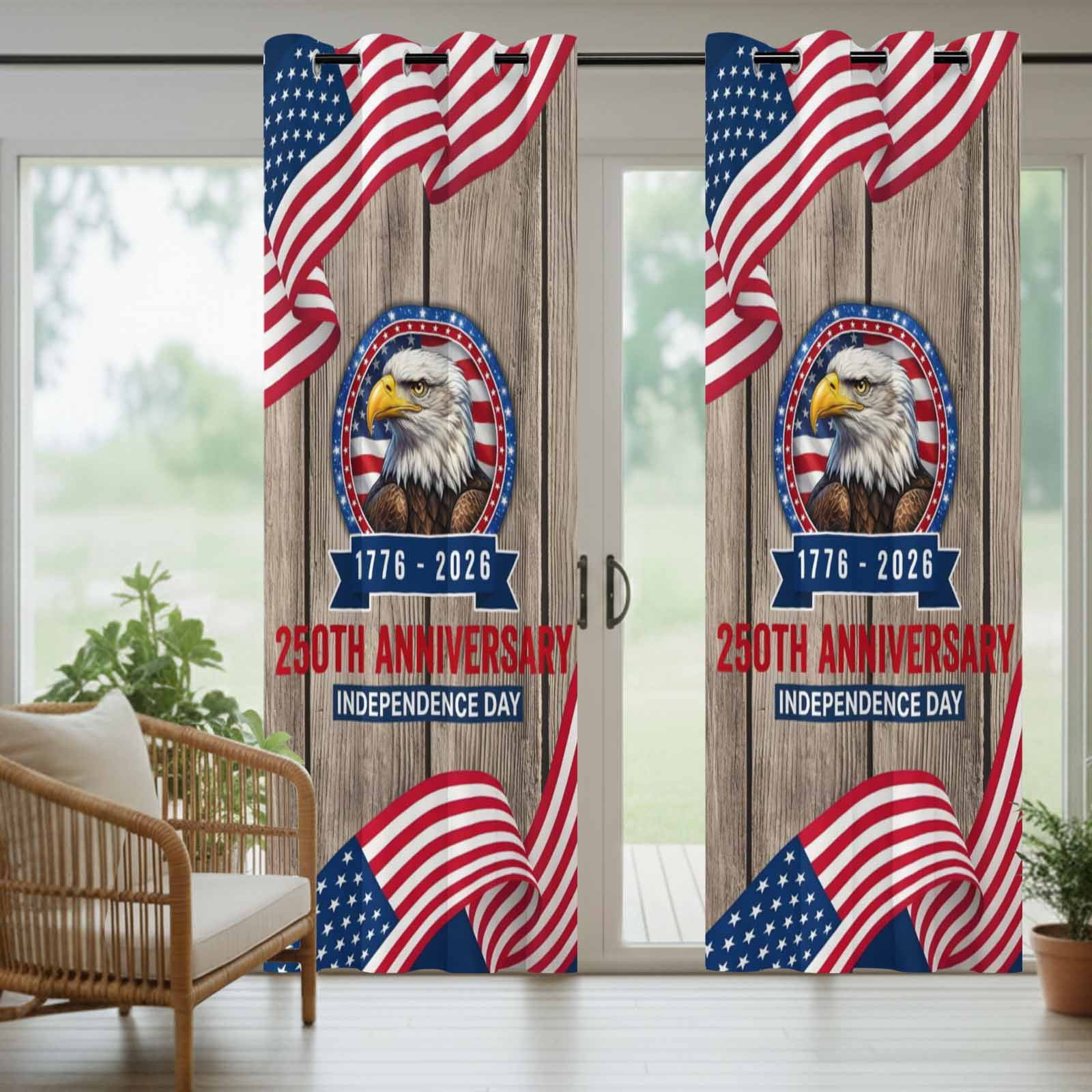 Anniversary Outdoor Curtains for Patio, Patriot Eagle USA Flag Independence Day Wood Sunshade Privacy Drapes Grommet Waterproof Outside Curtains for Porch/Cabana/Balcony 54"x 95", 1 Panel