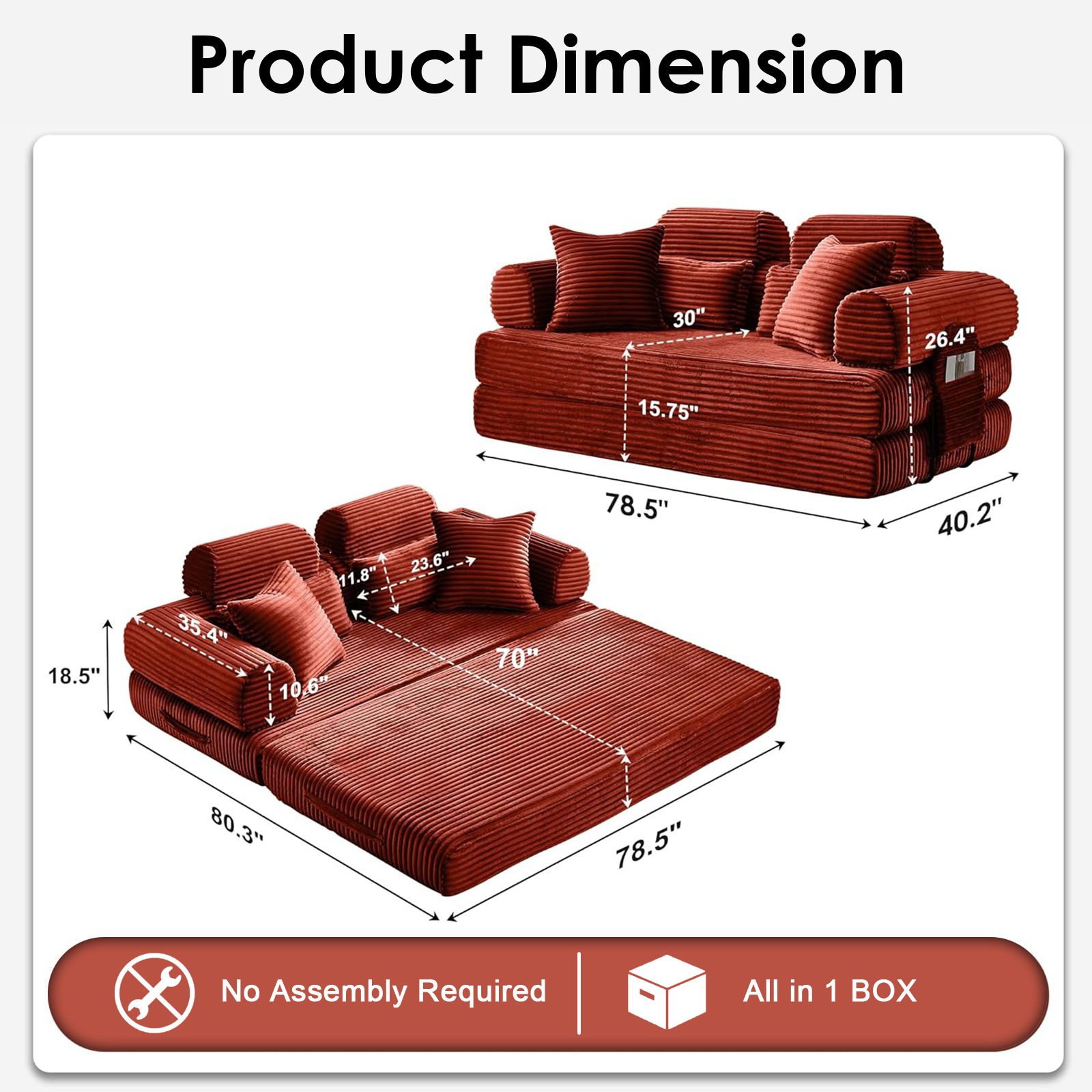 Xiweot Cloud Sectional Couch for Living Room, Memory Foam Sectional Sofa with Deep Seat, Corduroy Floor Mattress Couch, No Assembly Required (Orange)