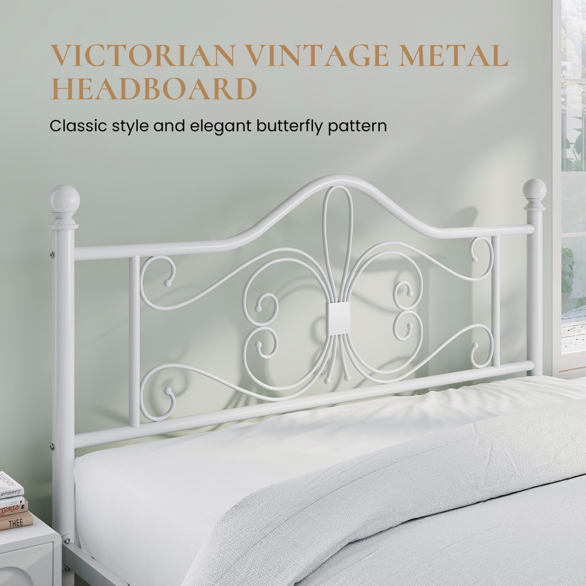 Sha Cerlin Queen Size Metal Platform Bed Frame with Victorian Vintage Butterfly Headboard&Footboard, White