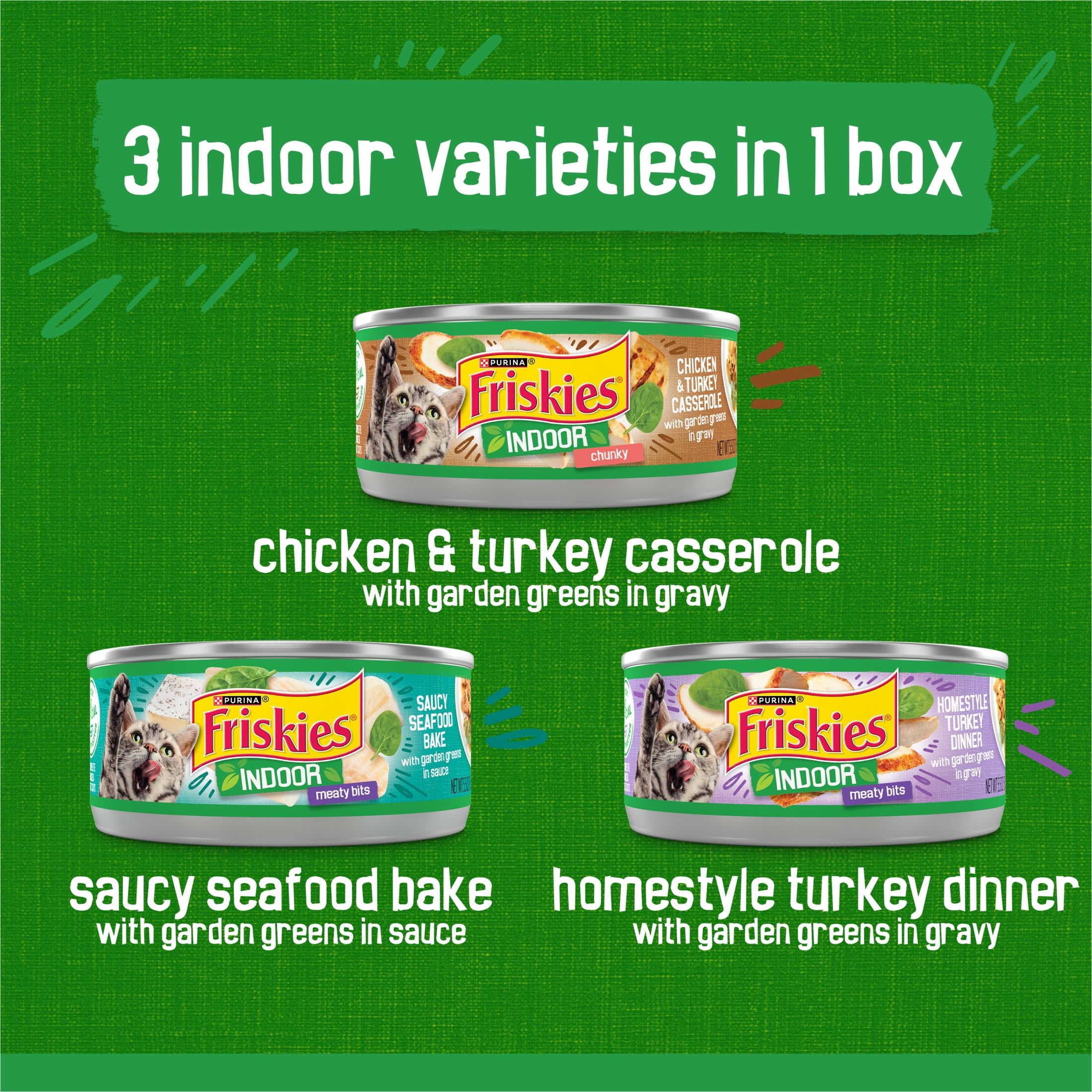 (24 pack) Purina Friskies Indoor Chicken, Seafood, & Turkey Wet Cat Food Variety Pack, 5.5 oz Cans (24 Pack)