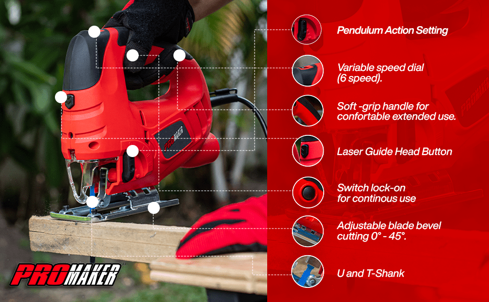Jigsaw with 6 variable speed, 7 Amp 800W, Laser guide, Adjustable blade bevel cutting 0-45º degree, Corded Jig saw, Cutting depth: 100m for wood and 10mm for metal. 800-3000SPM, Promaker PRO-SC800