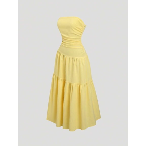 Women's Yellow Solid Ruched Strapless Simple Fashion Casual Holiday Beach Date Swing A-Line Dress Spring Summer