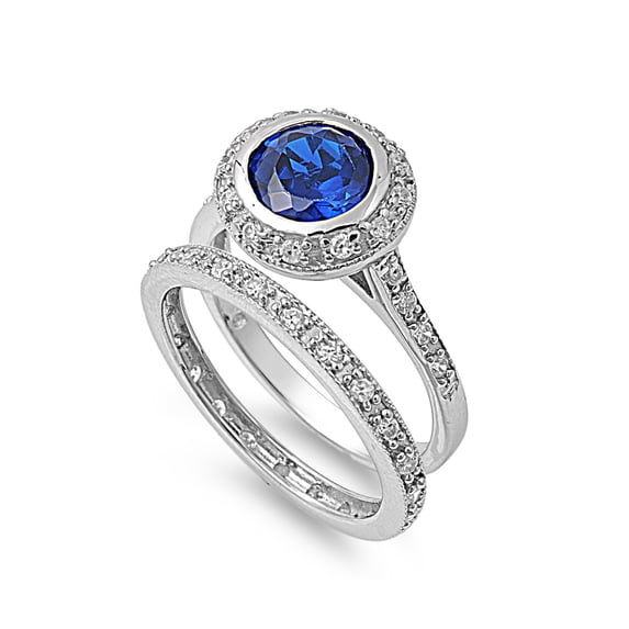 Round Center Bezel Simulated Sapphire with Round Stones Wedding Set Ring Sterling Silver 925