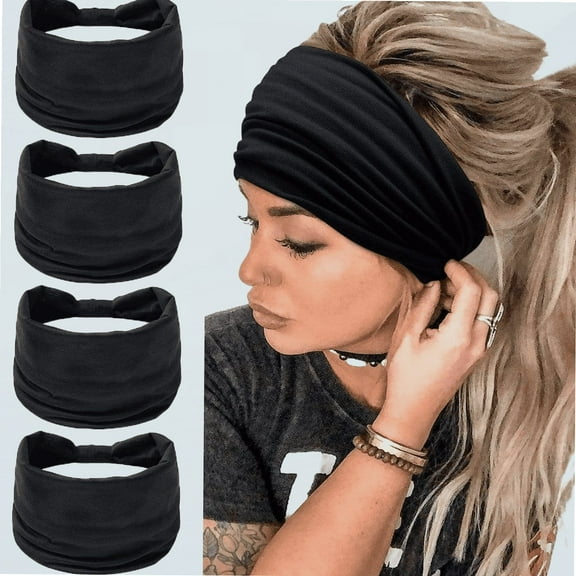 Wide Headbands for Women Black Stylish Head Wraps Boho Thick Hairbands Large African Sport Yoga Turban Headband Hair Accessories (Pack of 4)