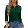 thumbnail image 2 of Qwertyu Women's Polo Shirts 3/4 Sleeve Cotton Collared T Shirt Golf Shirt Business Casual Tee Uniform Tops 3-Button Dark Green 3XL, 2 of 5