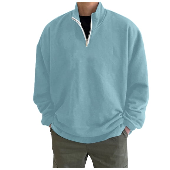 Wefuesd Sweatshirts for Men, Mens Simple Casual Loose Hoodless Oversize Zipper Solid Stand Collar Hoodless Pullover Sweater Coat Top, Mens Sweatshirt, Hoodies for Men, Blue L