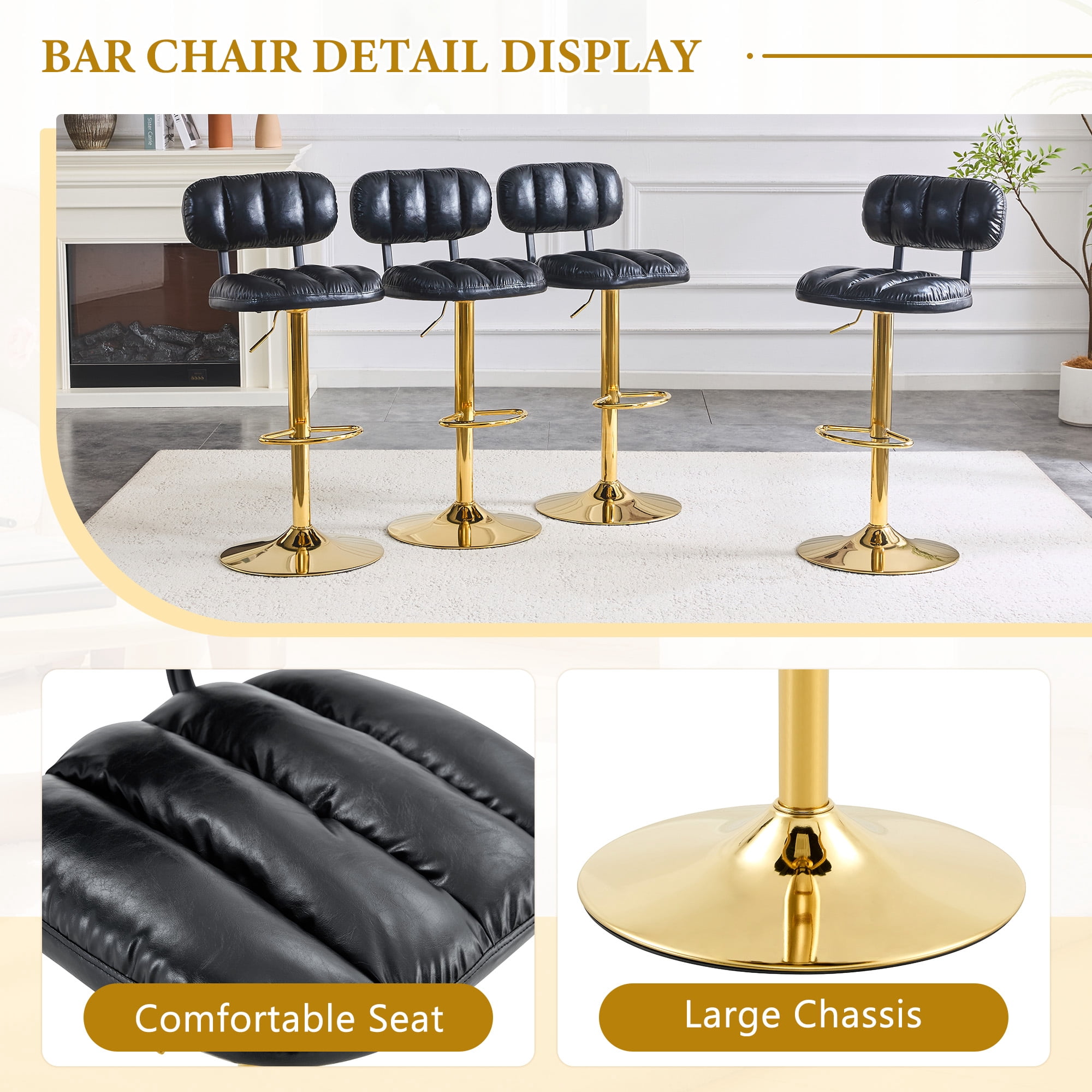 Alvantor Adjustable Bar Stools Set of 2 Leather Swivel Bar Stools Counter Height Bar Chairs for Kitchen Island Black