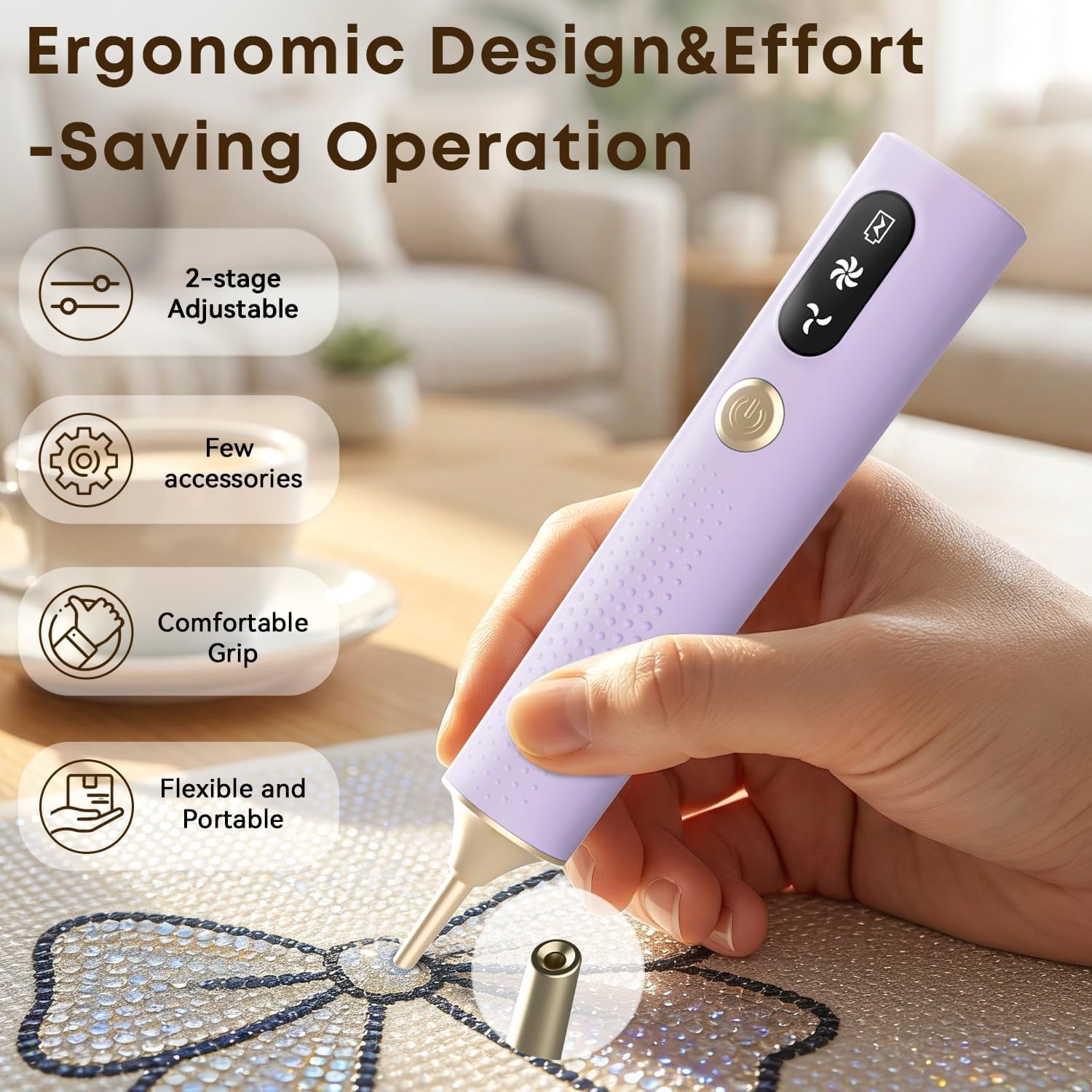 Cordless Vacuum Diamond Painting Pen with Adjustable Suction, No Wax Needed, Quiet Portable Tool for Adults, Purple