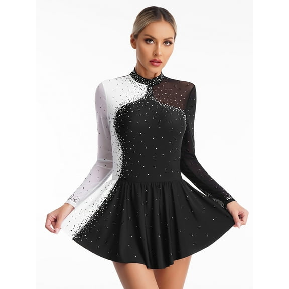 RUNQHUI Women's Sparkly Rhinestone Figure Skating Costumes Long Sleeve Ballet Skirted Leotard Dresses Black L