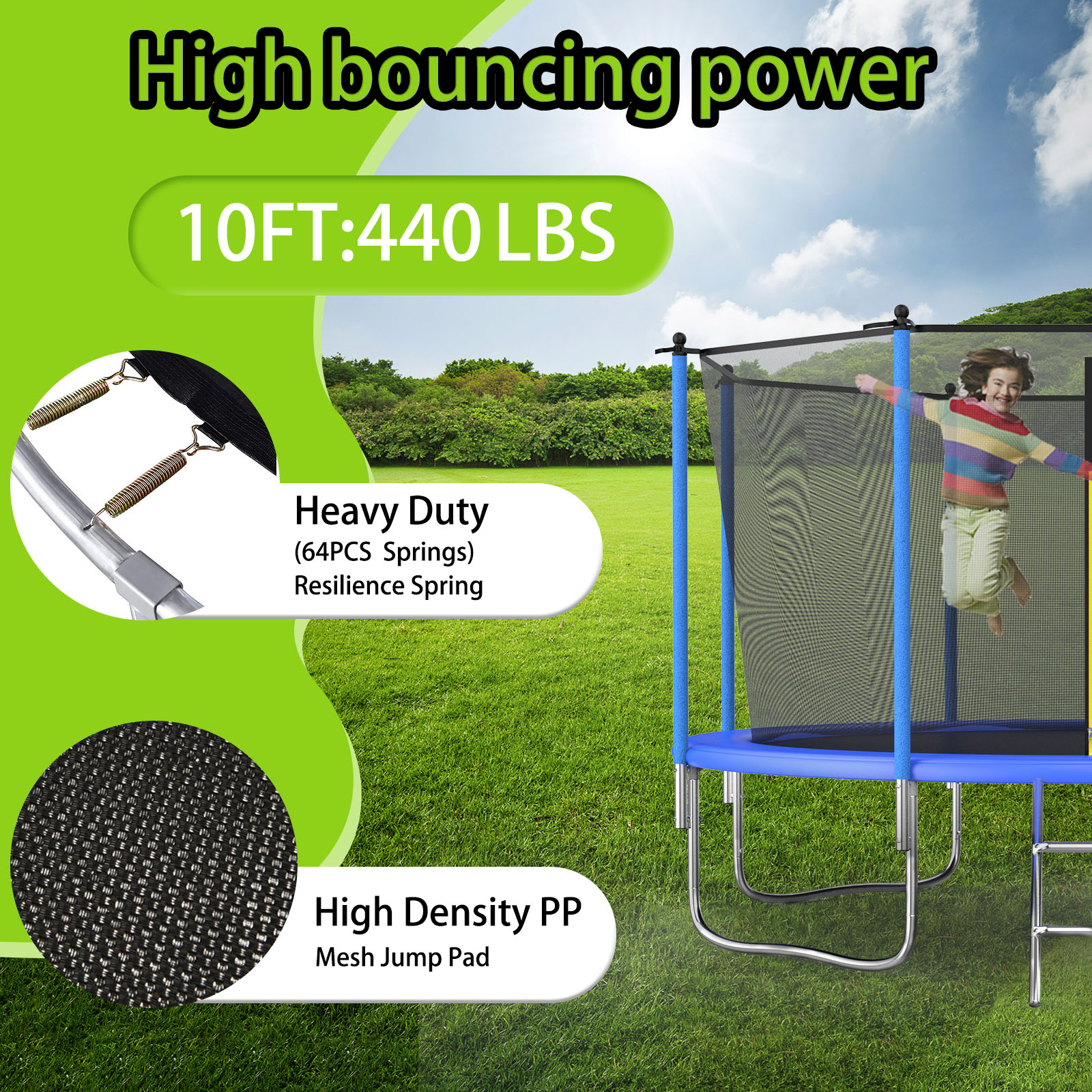 SENCHO GINSYTALIOR 10ft Trampoline with Steel Ladder & 530lbs Safe Enclosure Net for Kids Adults