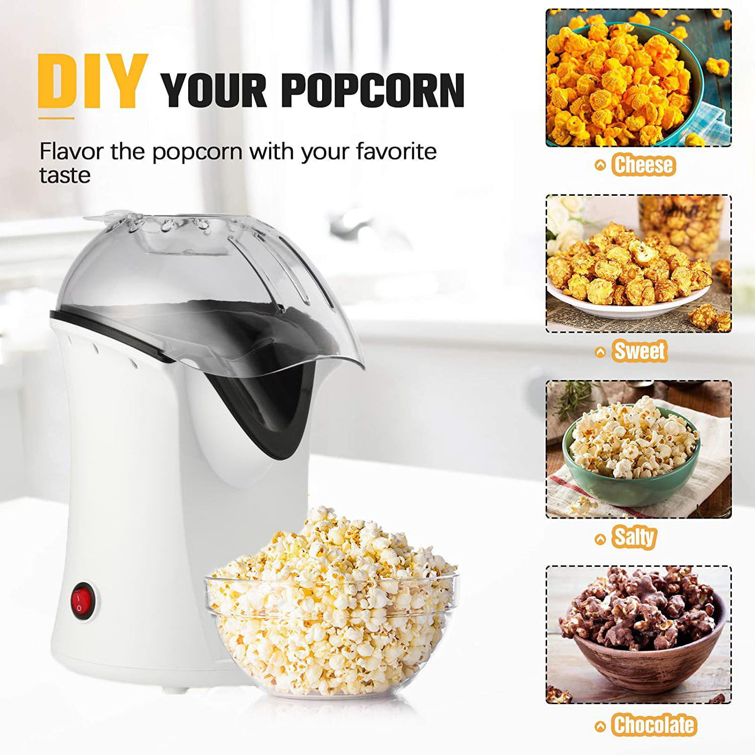 1200W Popcorn Machine with Measuring Cup Hot Air Popcorn Maker Removable Lid Healthy Popcorn Maker for Home,No Oil Needed Ruyiot Popcorn Popper 