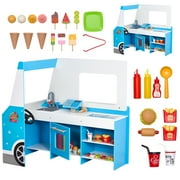 KFFKFF Wooden Ice Cream Cart Playset for Kids, 20+ PCS Pretend Play Truck with Steering Wheel, Chalkboard, Payment Scanner, Freezer, Faucet & Sink, Ideal for Children Aged 3-7
