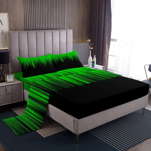 YST Ensemble de Draps Dégradé Vert Dégradé à Rayures, Ensemble de Draps Simple, Ensemble de Lit Ombré Esthétique Léger et Doux 3 Pcs