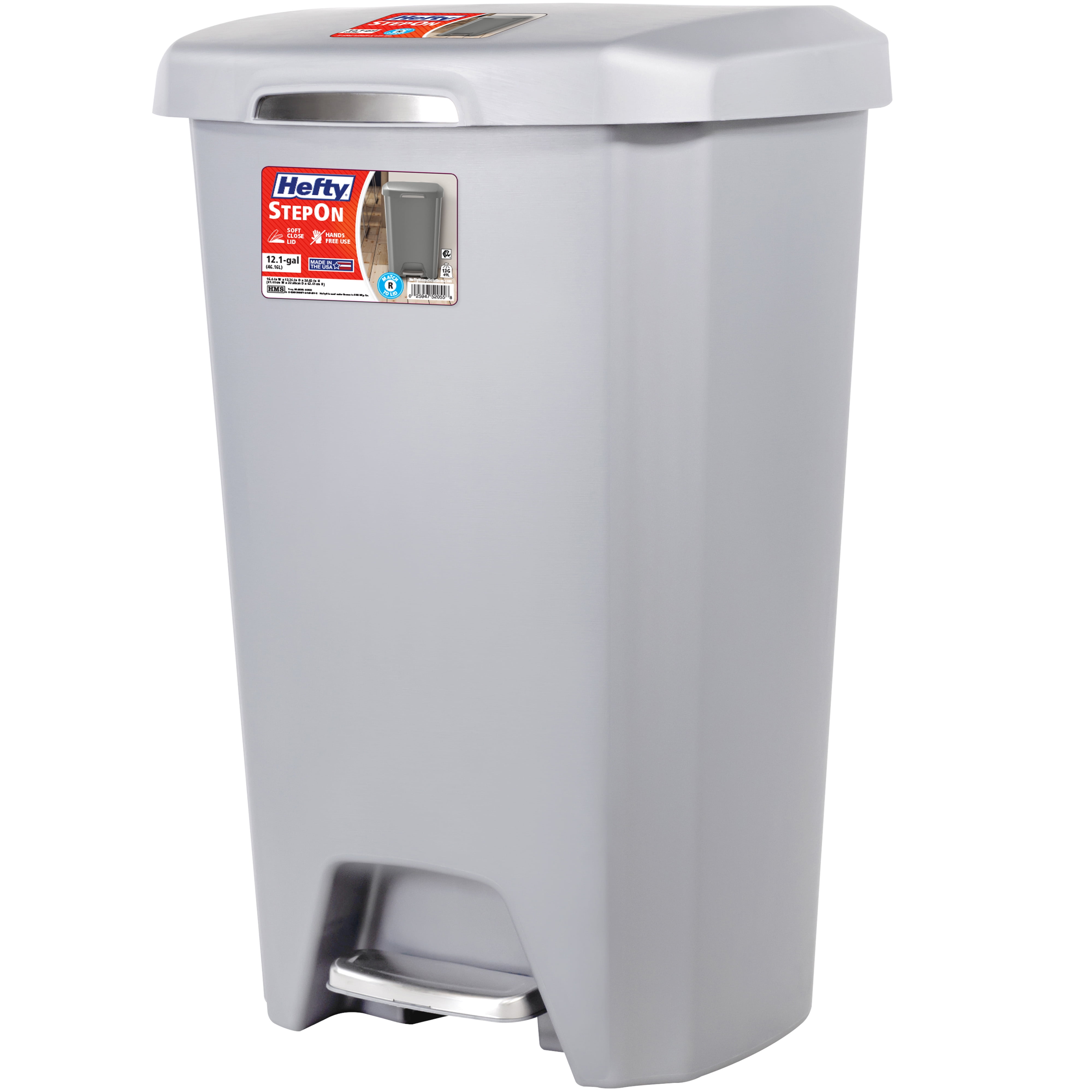 Hefty Kitchen Trash Can, 12.1 Gallon Plastic Step Garbage Bin with Soft Close Foot Pedal Lid, Gray