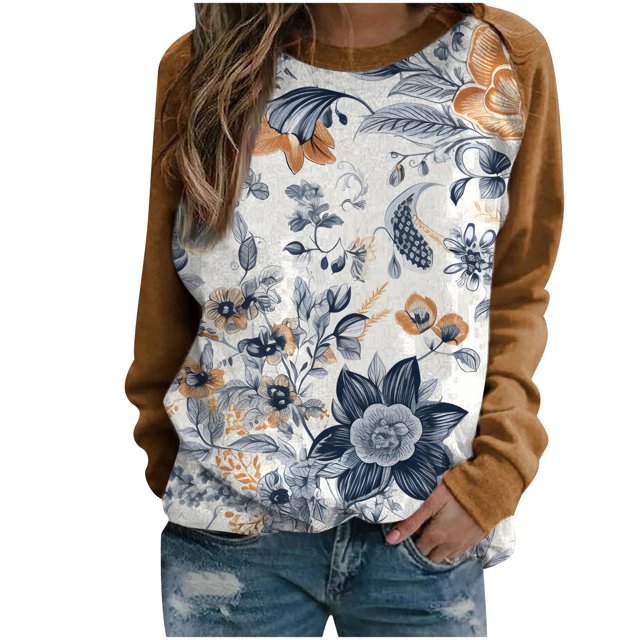 Yuyuzo Chandails en Molleton à Manches Longues Raglan Col Rond pour Femmes Doux Confortables Vintage Graphiques Décontractés Tunique Marron A2