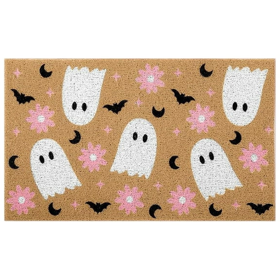 ASKETAM Halloween Door Mat Non Slip Coir Mats, Cute Doormats for Front Porch Entryway Decor (Ghost Pink Flower)